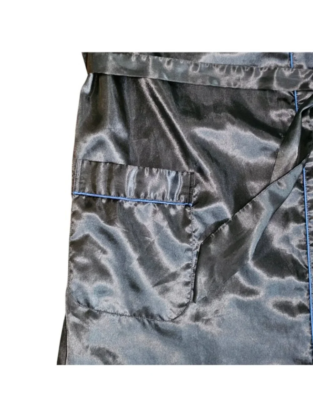 VTG Mens Satin Robe Black Blue Trim Sz One Size Mid-length Shiny Sexy‎